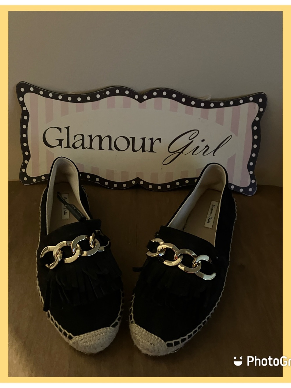 Black, suede Espadrille, Massimo Dutti Loafers, with Gold Chain Accents